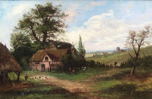 English School Original Signed 19th Century Antique Oil Painting on Canvas Cottage Farmstead with Distant Village & Church Landscape