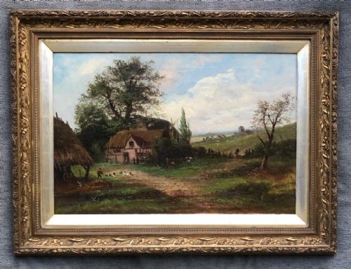 fig 1. English School Original Signed 19th Century Antique Oil Painting on Canvas Cottage Farmstead with Distant Village & Church Landscape