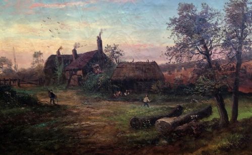 fig 1. English School Original 19th Century Antique Oil Painting on Canvas Farmstead Cottage Countryside Landscape with Figures