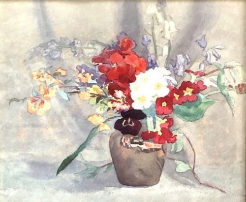 fig 1. Olive Higginbottom Original Early 20th Century Antique Watercolour Painting Still Life Primroses & Spring Flower in a Vase Painting No 8