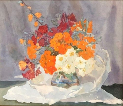 Olive Higginbottom Original Early 20th Century Antique Watercolour Painting  Still Life Orange & Red Flowers in a Glass Vase Painting No 4