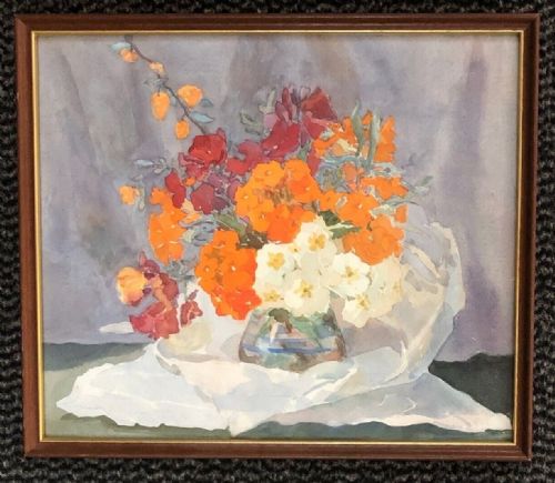fig 1. Olive Higginbottom Original early 20th Century Antique Watercolour Painting Still Life Orange & Red Flowers in a Glass Vase Painting No 4
