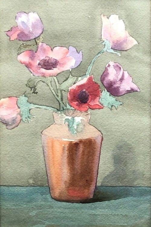 fig 1. Olive Higginbottom original early 20th Century Antique Watercolour Painting Still Life Study of Anemone Flowers in a Brown Vase Painting No 16