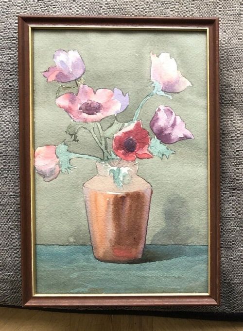 Olive Higginbottom original early 20th Century Antique Watercolour Painting Still Life Study of Anemone Flowers in a Brown Vase Painting No 16