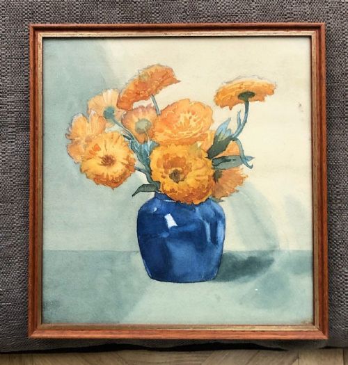 fig 1. Olive Higginbottom Original Early 20th Century Antique Watercolour Painting Still Life Flower Study Orange Blooms in a Blue Vase Painting No 23