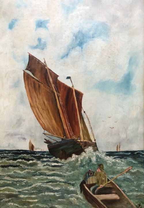 fig 1. Signed E.W. '05 Original Early 20th Century Antique English Oil Painting on Canvas Fisherman Trawler Boat Seascape