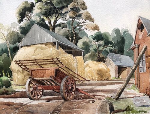 Signed Butler Dated 1942 Original Early 20th Century Vintage Watercolour Painting Hay Cart & Farmyard English Landscape