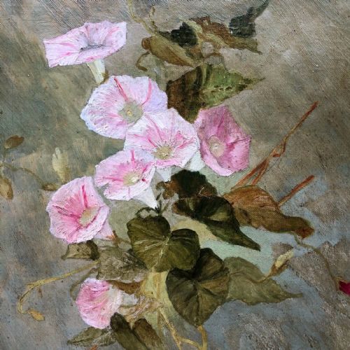 fig 1. Signed E A Bower (Later Lady Ethel Alice Chivers Harris) Original early 20th Century Antique Oil Painting on Canvas Still Life Study of Pink Flowers