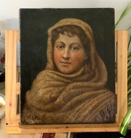 fig 1. Signed W R Seel Original English School Late 19th Century Antique Oil Painting on Canvas Portrait of a Young Lady wearing a Shawl