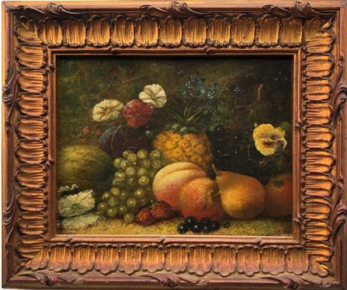 fig 1. Manner of Oliver Clare Original 19th Century Antique Oil Painting on Canvas Still Life Study Pineapple, Flowers & other Fruit