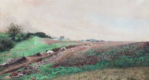 fig 1. William Wardlaw Laing Signed Original late 19th Century Antique Watercolour Painting Farmers Laying Drainage in a Farrow Field English Landscape