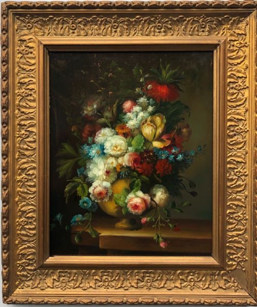 fig 1. Original Early to Mid 20th Century Oil Painting on Wood Panel Still Life Flower Arrangement Tulips Peonies Roses & Pedestal Vase