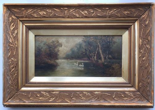E L Musgrave 1902 Signed Original Early 20th Century Antique Oil Painting on Canvas Swans on a Lake English Country Landscape