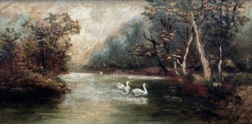 fig 1. E L Musgrave 1902 Signed Original Early 20th Century Antique Oil Painting on Canvas Swans on a Lake English Country Landscape