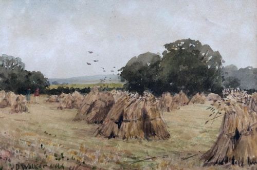 John Dobby Walker Signed Original Late 19th Century Antique Watercolour Painting Yorkshire Meadow Haystack Landscape