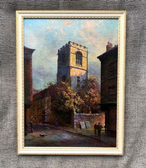 fig 1. Frank Wood (19)22 Signed Original early 20th Century Antique Oil Painting on Board St Sampson's Church York Yorkshire Cityscape