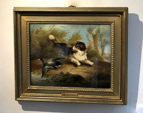 fig 1. R Ansdell Signed Circle of Richard Ansdell Original Late 19th Century English Oil Painting on Canvas Hunting Landscape Spaniel Flushing out a Mallard