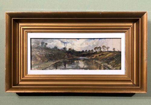 fig 1. Inscribed verso Original 19th Century Antique Oil Painting on Board Windmill & River English Landscape