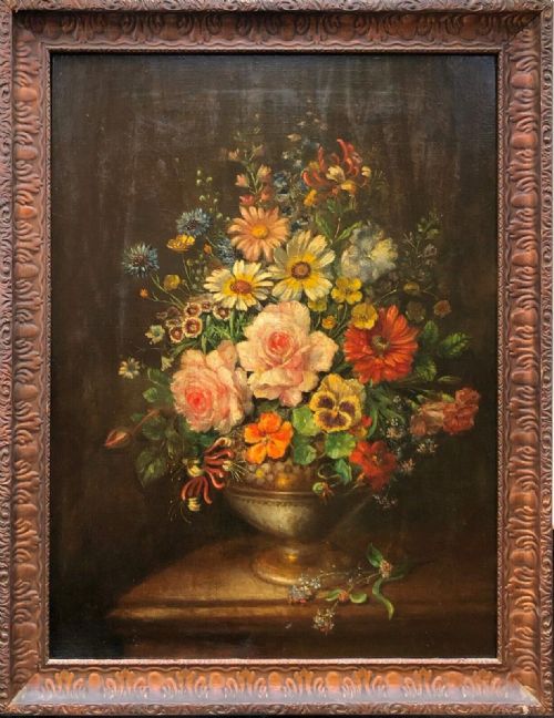 fig 1. Original 19th Century Antique English School Oil Painting on Canvas Still Life Study of Summer Flowers including Roses Pansies Cornflowers & Honeysuckle in a Pewter Pedestal Vase
