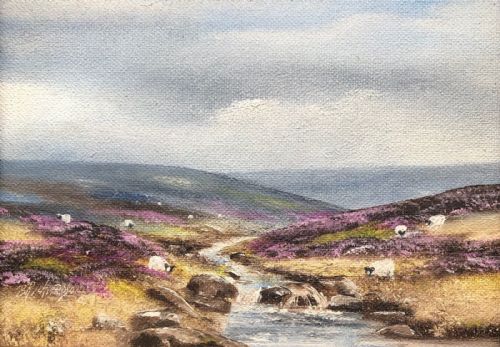 Brian Richardson Signed Mid 20th Century Vintage Oil Painting on Board Sheep in Yorkshire Moorland & Stream Landscape