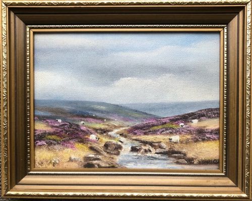 fig 1. Brian Richardson Signed Mid 20th Century Vintage Oil Painting on Board Sheep in Yorkshire Moorland & Stream Landscape