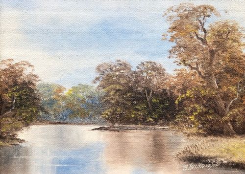 fig 1. Brian Richardson Signed Mid 20th Century Vintage Oil Painting on Board Yorkshire Woodland & Pond Landscape