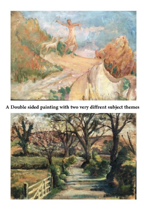 2 Original Antique Oil Paintings (Double sided Canvas) Welsh Landscape of a Country Lane & Greyhounds with Figure Study