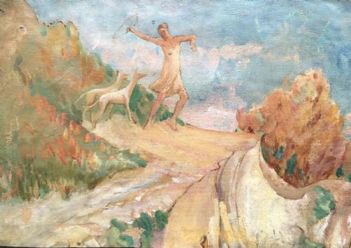 fig 1. 2 Original Antique Oil Paintings (Double sided Canvas) Welsh Landscape of a Country Lane & Greyhounds with Figure Study