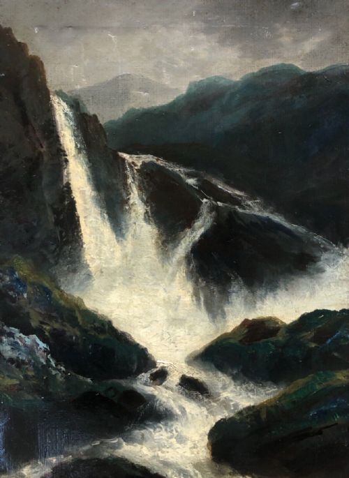 Signed W.a. Original 19th Century Antique Oil Painting on Canvas Waterfall River & Mountain Landscape