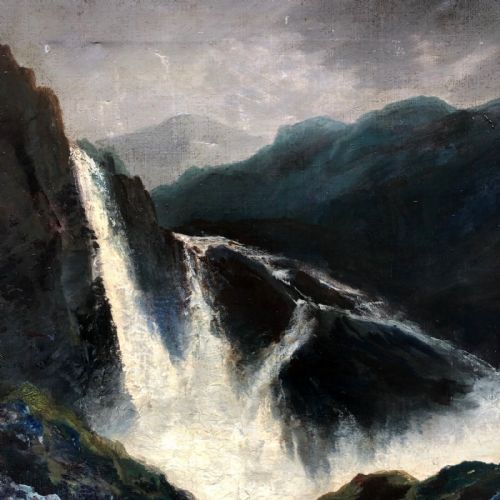 fig 1. Signed W.A. Original 19th Century Antique Oil Painting on Canvas Waterfall River & Mountain Landscape