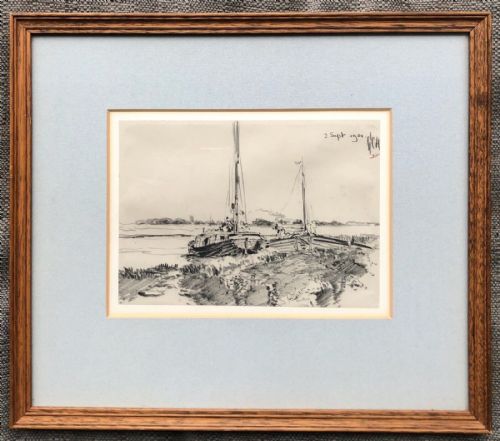 fig 1. George Charles Haite 1901 Signed Original Antique Pencil Charcoal Sketch, Wherries at Anchor English Seascape Landscape