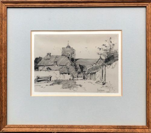 fig 1. George Charles Haite 1900 Signed Original Antique Pencil Charcoal Sketch Church at Burpham West Sussex English Landscape
