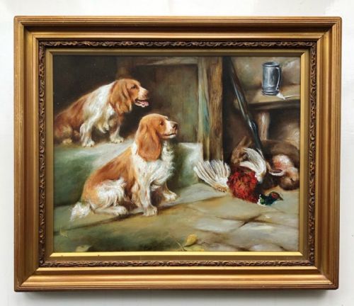 English School Original Antique Oil Painting on Panel Hunting Portrait of Liver & White Spaniels with Day's Bag