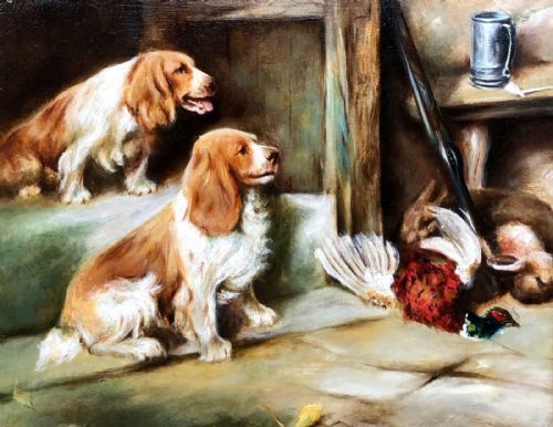 fig 1. English School Original Antique Oil Painting on Panel Hunting Portrait of Liver & White Spaniels with Day's Bag