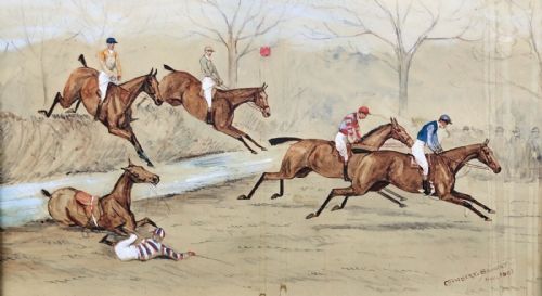 Cuthbert Bradley 1901 Signed Original Early 20th Century Antique Watercolour Painting  Horse Racing Historical Sport Study Steeplechase