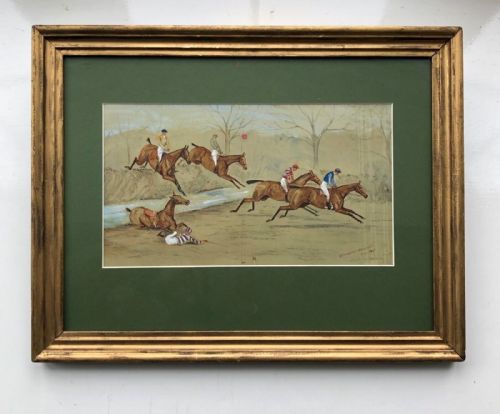 fig 1. Cuthbert Bradley 1901 Signed Original early 20th Century Antique Watercolour Painting  Horse Racing Historical Sport Study Steeplechase