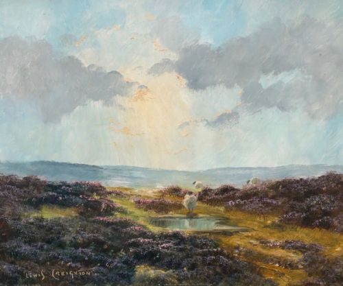 Lewis Creighton Signed Original Vintage Mid 20th Century Oil Painting on Board Sheep in Yorkshire Heather Moorland Landscape