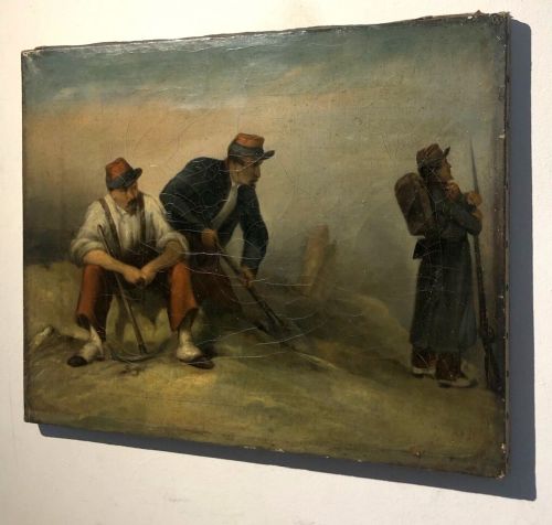 fig 1. French School Indistinctly Signed 19th Century Antique Oil Painting on Canvas Study of Soldiers Resting in Camp