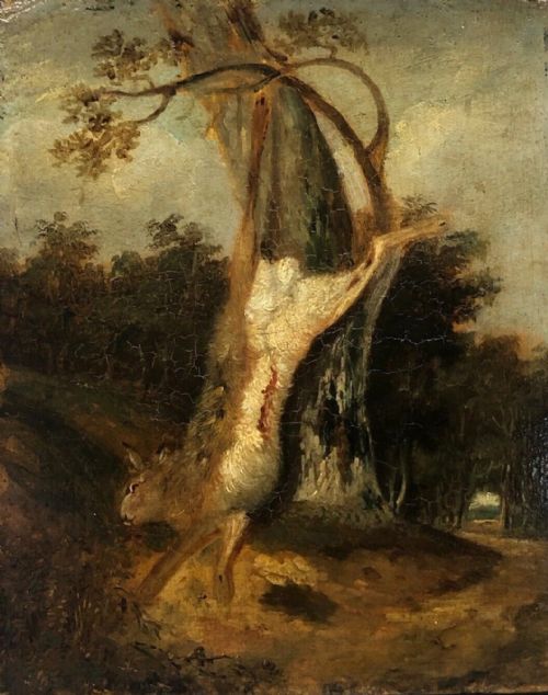 English School Original 19th Century Antique Oil Painting on Wood Panel Hunting Game Still Life of a Hare
