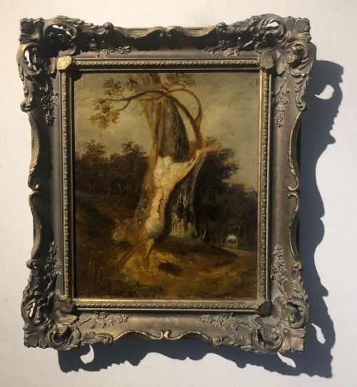 fig 1. English School Original 19th Century Antique Oil Painting on Wood Panel Hunting Game Still Life of a Hare