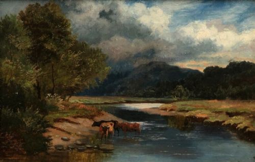Original English School 19th Century Antique Oil Painting on Canvas Cattle Riverbank & Hills Landscape in a Period Wooden Gilt Frame