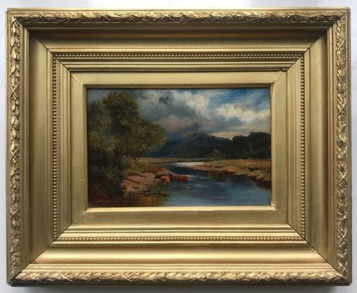 fig 1. Original English School 19th Century Antique Oil Painting on Canvas Cattle Riverbank & Hills Landscape in a Period Wooden Gilt Frame