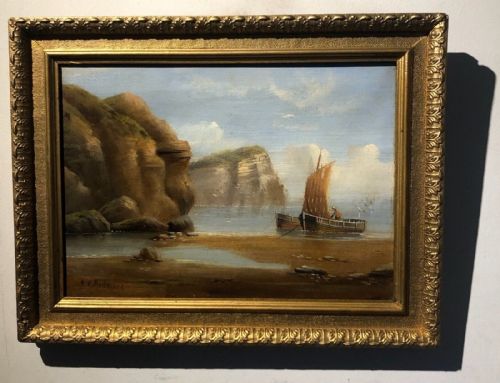 fig 1. E K Redmore Signed Original late 19th Century Antique Oil Painting on canvas Ship Anchored in Calm Waters off the Yorkshire Coast