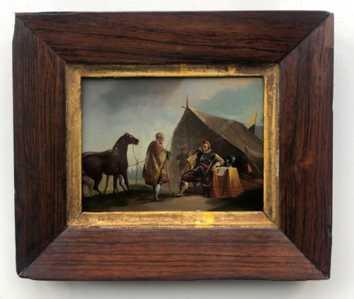 fig 1. Cavalier Resting in a Military Camp Original 19th Century Antique Oil Painting on Tin in a Rosewood Frame