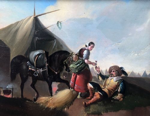 Cavalier Drinking from a Goblet in a Military Camp Original Antique Oil Painting on Tin in a Rosewood Frame
