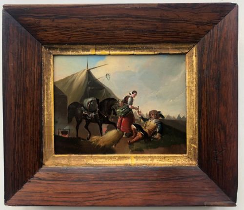fig 1. Cavalier Drinking from a Goblet in a Military Camp Original Antique Oil Painting on Tin in a Rosewood Frame