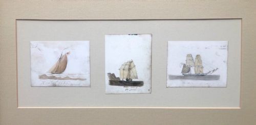 Three Pen Ink & Watercolour Paintings Original Early 19th Century Antique Sketches of Ships Off Falmouth Dated 1835