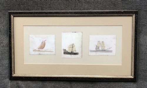 fig 1. Three Pen ink & Watercolour Paintings Original early 19th Century Antique Sketches of Ships Off Falmouth dated 1835