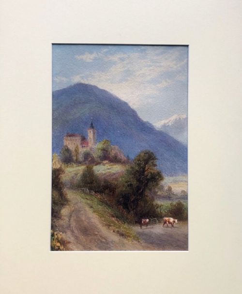 fig 1. Attributed to John MacWhirter Original late 19th Century Antique Watercolour Painting Switzerland Castle and Cattle Landscape
