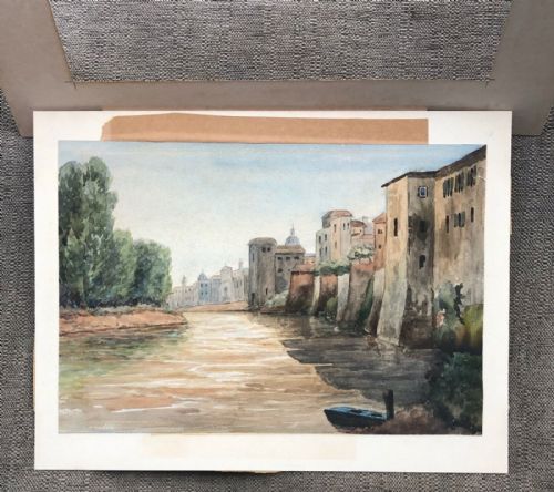 fig 1. Original late 19th Century Antique Watercolour Painting an Italian River & Building City Landscape